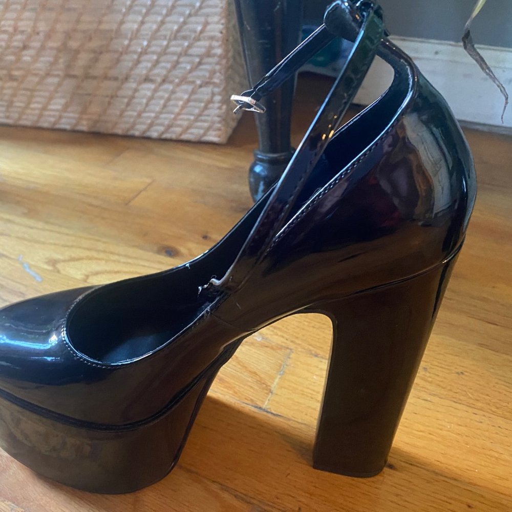 Steve Madden Skyrise Ankle Strap Platform High Heel Pumps (Black Patent)